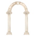 Watercolor antique arch with column ionic order, Ancient Classic Greek pillar, Roman Columns, Architecture facade