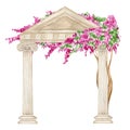 Watercolor antique arch column ionic order with bright pink flowers, Ancient Classic Greek pillar, Roman Columns Royalty Free Stock Photo