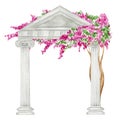 Watercolor antique arch column ionic order with bright pink flowers, Ancient Classic Greek pillar, Roman Columns Royalty Free Stock Photo