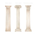 Watercolor antique column corinthian ionic doric order, Ancient Classic Greek pillar set, Roman Columns, Architecture Royalty Free Stock Photo