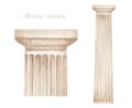 Watercolor antique doric column, Ancient Classic Greek Doric order, Roman Columns Clipart, Pillar Architecture facade Royalty Free Stock Photo