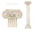 Watercolor antique ionic column, Ancient Classic Greek ionic order, Roman Columns Clipart, Pillar Architecture facade Royalty Free Stock Photo