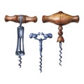 Watercolor antique set of corkscrews- vintage accessory. Royalty Free Stock Photo