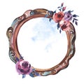 Watercolor Antique Wooden Frame with Flowers, Hand Painted Vinta