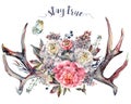 Watercolor Antlers and Flowers. Boho Decoration