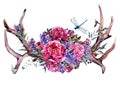 Watercolor Antlers and Flowers. Boho Decoration