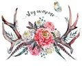 Watercolor Antlers and Flowers. Boho Decoration