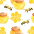 Watercolor apiculture seamless pattern. Hand drawn bee, honey jar, honeycomb. Illustration isolated on white background for design