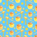 Watercolor apiculture seamless pattern. Hand drawn honey jar, dipper spoon and stick, honeycomb. Illustration isolated on blue