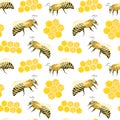 Watercolor apiculture seamless pattern. Hand drawn honeycomb and bees isolated on white background. Design for textile, fabrics,