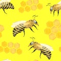 Watercolor apiculture seamless pattern. Hand drawn honeycomb and bees isolated on yellow background. Design for textile, fabrics,