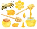 Watercolor apiculture set. Hand drawn bee, honey jar, dipper spoon, honeycomb. Illustration isolated on white background for Royalty Free Stock Photo