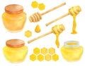 Watercolor apiculture set. Hand drawn honey jar, dipper spoon and stick, honeycomb. Illustration isolated on white background for