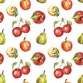 Watercolor apples and pears seamless pattern. Fresh ripe autumn seasonal fruits, isolated on white background Royalty Free Stock Photo