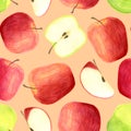 Watercolor apples seamless pattern isolated on pastel orange background. Hand drawn red and green fruits, slices for Royalty Free Stock Photo