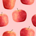 Watercolor apples seamless pattern isolated on pastel pink background. Hand drawn red fruits for packaging, menu design Royalty Free Stock Photo