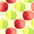 Watercolor apples seamless pattern isolated on pastel yellow background. Hand drawn red and green fruits for packaging