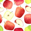 Watercolor apples seamless pattern isolated on white background. Hand drawn red and green fruits, slices for packaging, menu Royalty Free Stock Photo