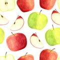 Watercolor apples seamless pattern isolated on white background. Hand drawn red and green fruits, slices for packaging, menu Royalty Free Stock Photo