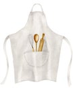 Watercolor apron with feeder kitchen tools, rolling pin, whisk, chef& x27;s spoon. Wooden kitchen utensils on a white