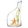 Watercolor aquarium in a bottle. Hand painted underwater starfish, algae and stone on the sand isolated on white