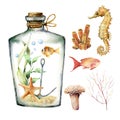 Watercolor aquarium with coral animals, plants and fish. Hand painted underwater branches, starfish, bottle isolated on