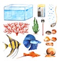 Watercolor aquarium objects set