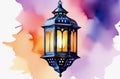 Watercolor arabian lantern against the background of the starry sky. Illustration. Generative AI