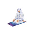 Watercolor arabian man praying namaz in mosque. Hand drawn ramadan kareem illustration