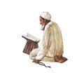 Watercolor arabian old man praying namaz in mosque. Hand drawn ramadan kareem illustration