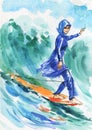 Watercolor arabian surfer girl