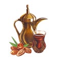 Watercolor arabian tea pot, cup and dry palm dates fruit. Hand-drawn illustration isolated on white background. Perfect