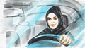 Watercolor arabian woman drive a car