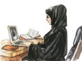 Watercolor arabian woman working on laptop