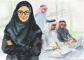 Watercolor arabian woman working at office