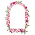 Watercolor arch frame with pink peonies. Great for cards and wedding invitations