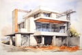 Watercolor architectural sketch of a three-storey house with an open balcony. Generated by AI