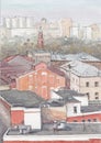 Watercolor architecture painting, urban sketch. Horizontal drawing of Moscow city. House. Hand drawn buildings.