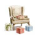 Watercolor armchair with Birthday gift present boxes