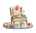 Watercolor armchair with festive colorful happy birthday objects and toys