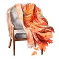 Watercolor armchair with scarf and autumn leaves. Hand painted illustration