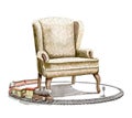 Watercolor armchair with vintage railway with train toy