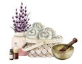 Watercolor aromatherapy wicker basket with spa towels, lavender bouquet, sound bowl, aroma oils illustration on white