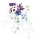 Watercolor arrangement with blue, green, turquoise, violet, pink flowers, branches, leaves, gold dust graphic elements.