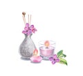 Watercolor arrangement with candle, vase, lilac flowers. Spa and cosmetic products isolated on white background Royalty Free Stock Photo