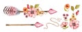 Watercolor arrow and flowers set. Tribal boho elements: crystal arrowhead, feathers, pink vintage florals. Hand painted