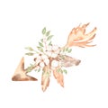 Watercolor arrow illustration with cotton, leaves branch and feathers. Vintage style in beige colors composition.Greenery clip