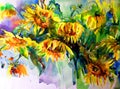 Watercolor art abstract background beautiful floral sunflowers modern textured wet wash blurred fantasy Royalty Free Stock Photo