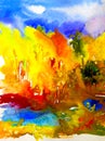 Watercolor art abstract background blue green yellow red autumn landscape forest lake outdoor colorful textured Royalty Free Stock Photo