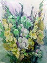 Watercolor art background abstract beautiful floral gladiolus flower lilac romantic surface colorful textured wet wash blurred